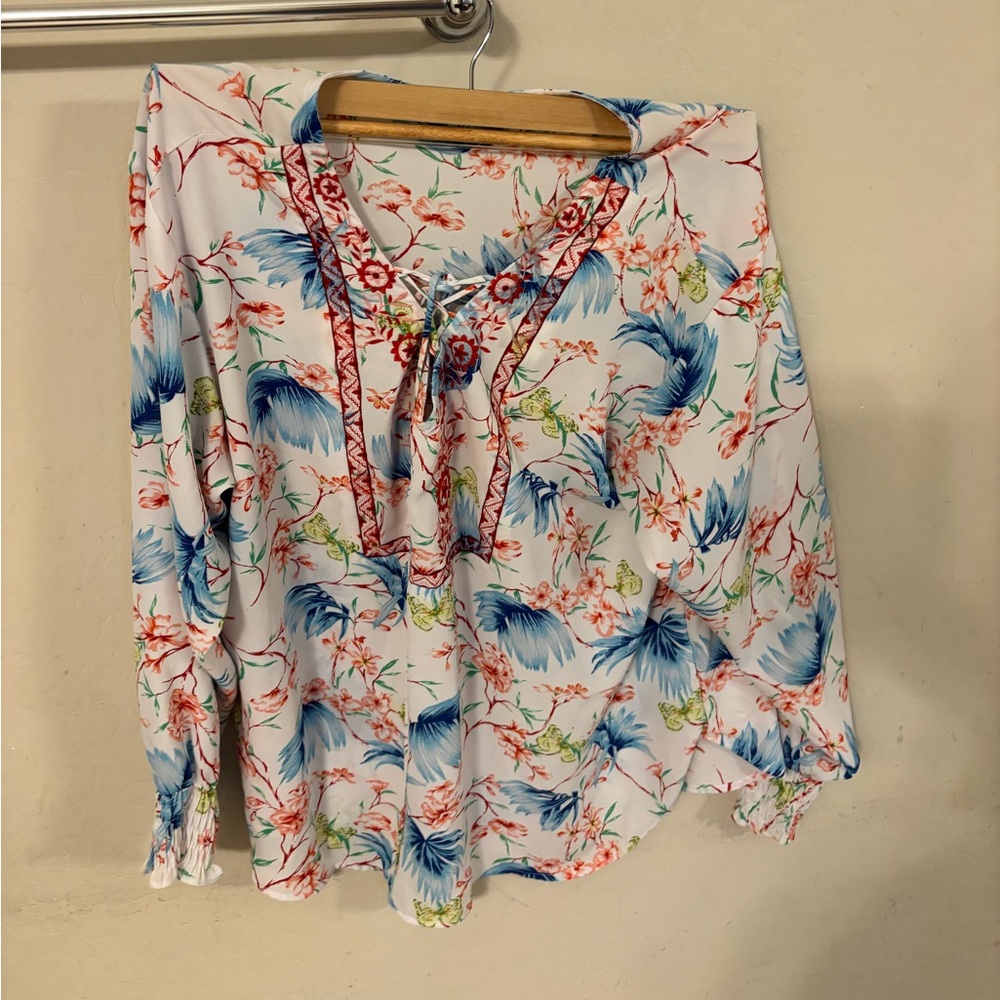 The Pioneer Woman White Floral Tie-Front Blouse with Blue & Coral Accents